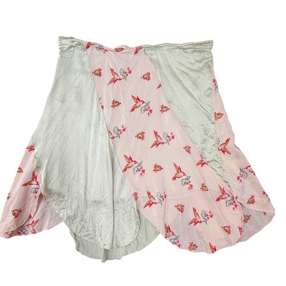 Anthropologie Snak 100% Silk Hummingbird Floral Paneled Handkerchief Hem Skirt L